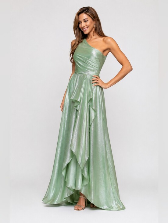 Xscape Dresses & Skirts - Xscape One-Shoulder Ruffle-Front Evening Gown Mint Metallic Draped Size 14